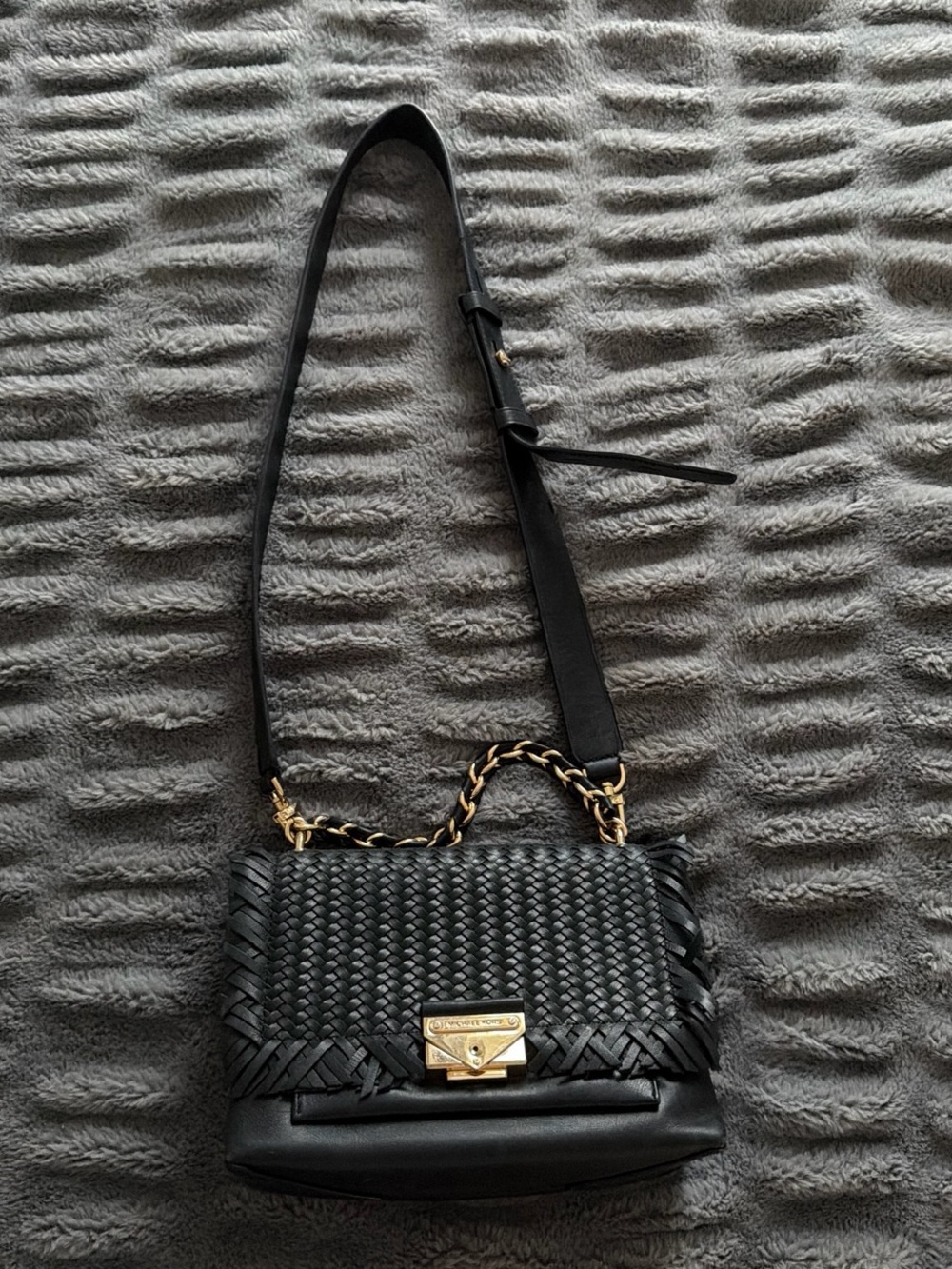 Michael Kors Black Woven Crossbody with Gold Hardware
